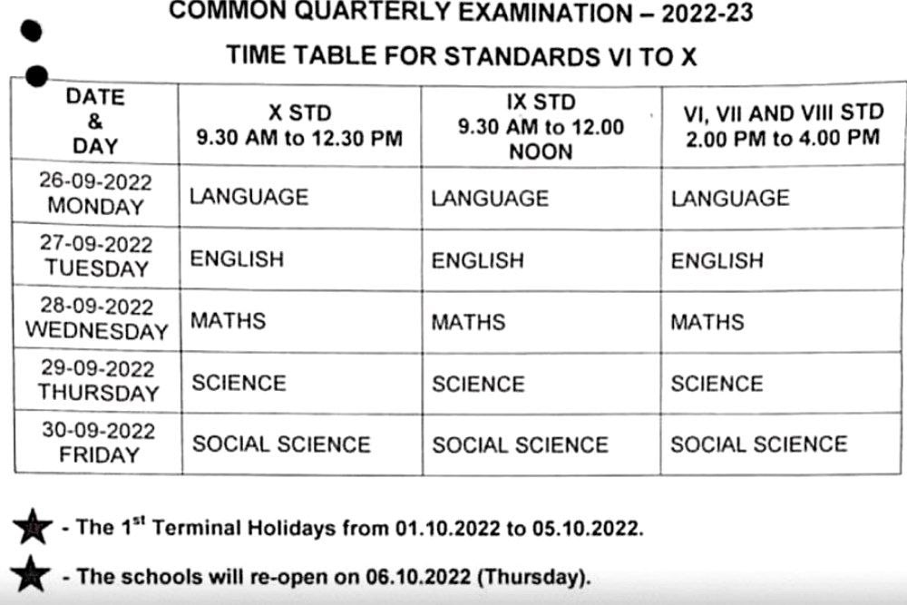 TN 6th to 10th Quarterly Exam Time Table 2022
