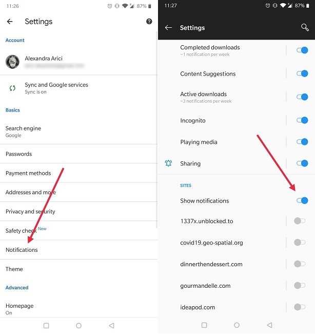 Notification Settings Chrome on android phone in tamil