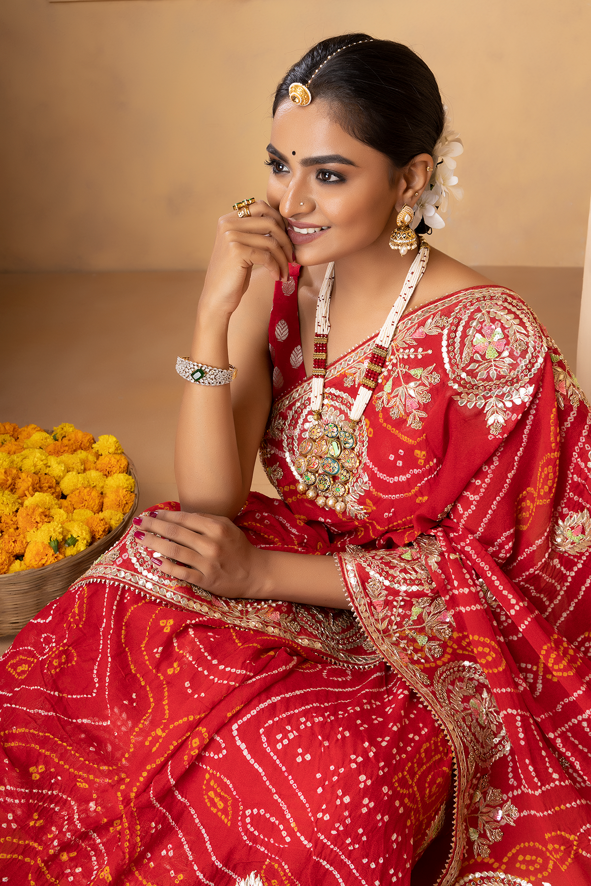 Red Saree with Stone Work Matching Earrings